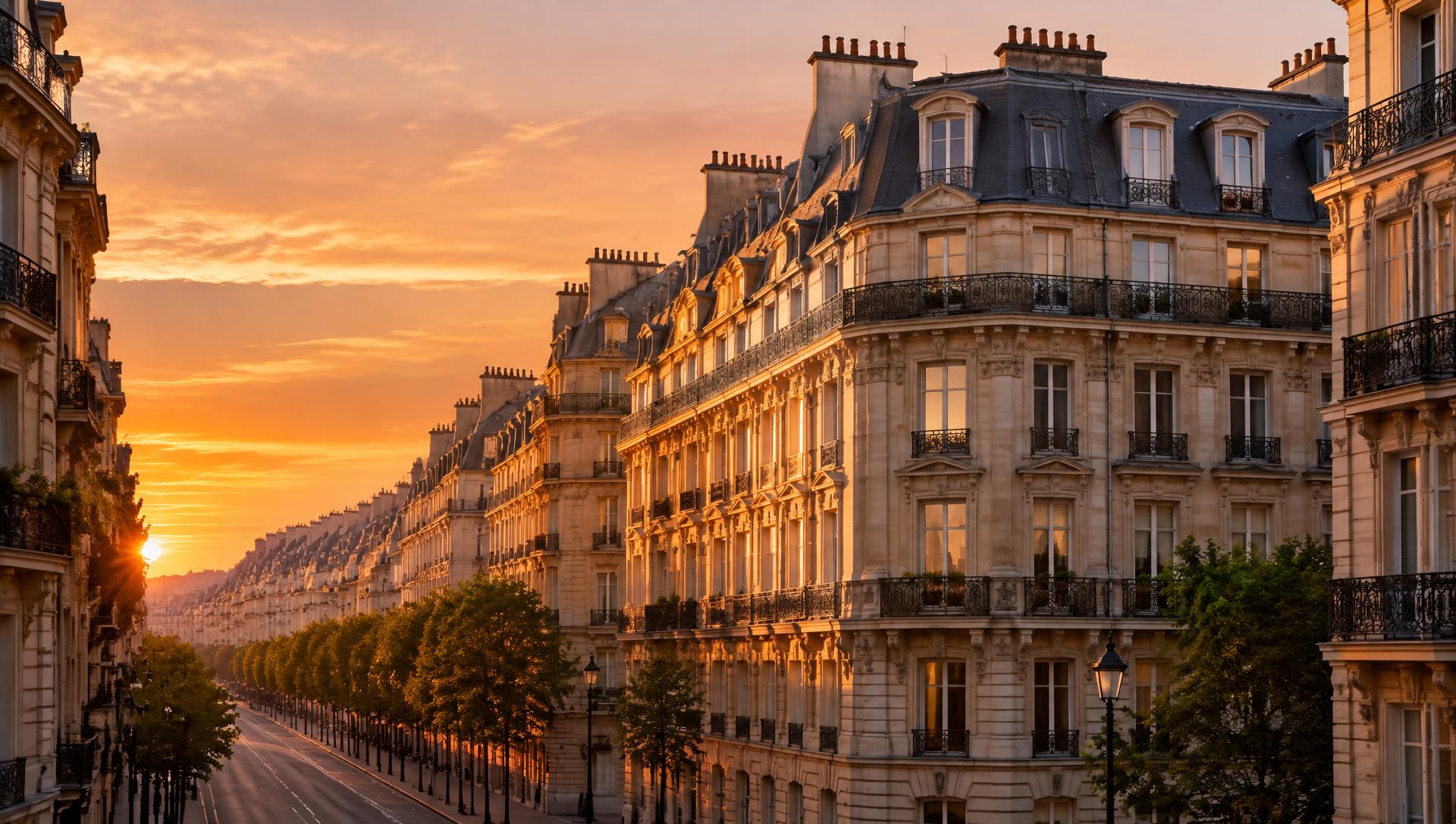Boulevard parisien bordé d'immeubles haussmanniens au coucher du soleil